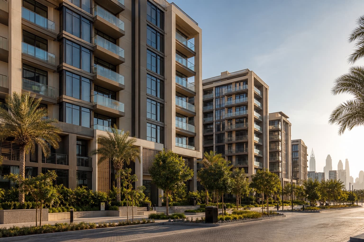Contemporary Dubai waterfront apartments with Burj Khalifa view