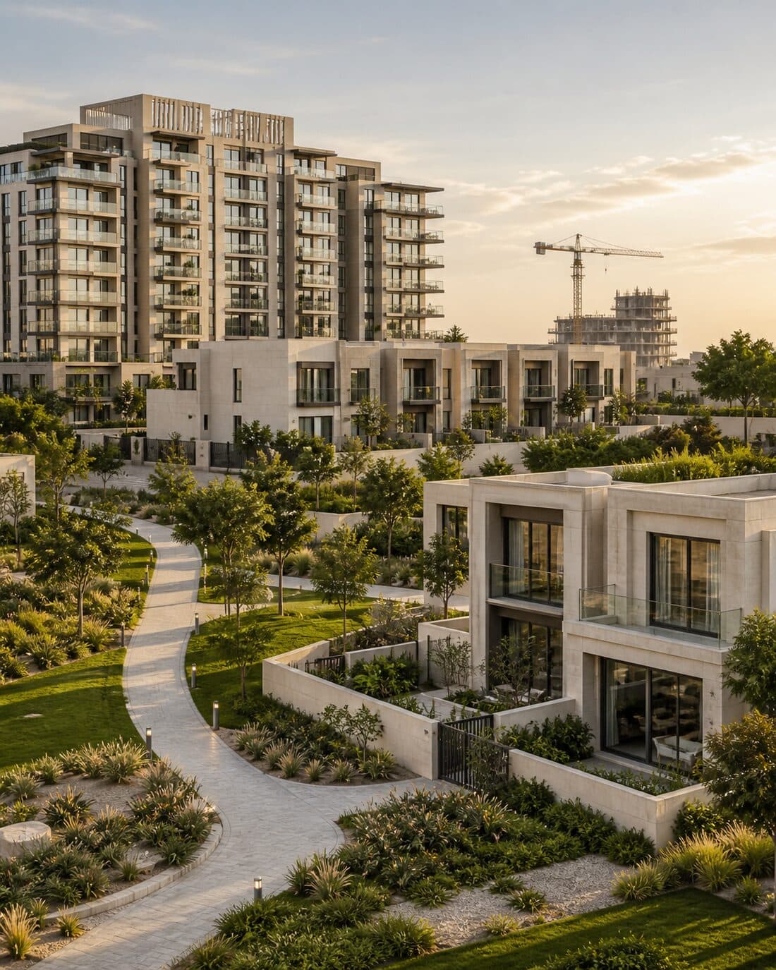 A Dubai community mixing apartment towers, townhouses and villas, with a tower under construction beyond
