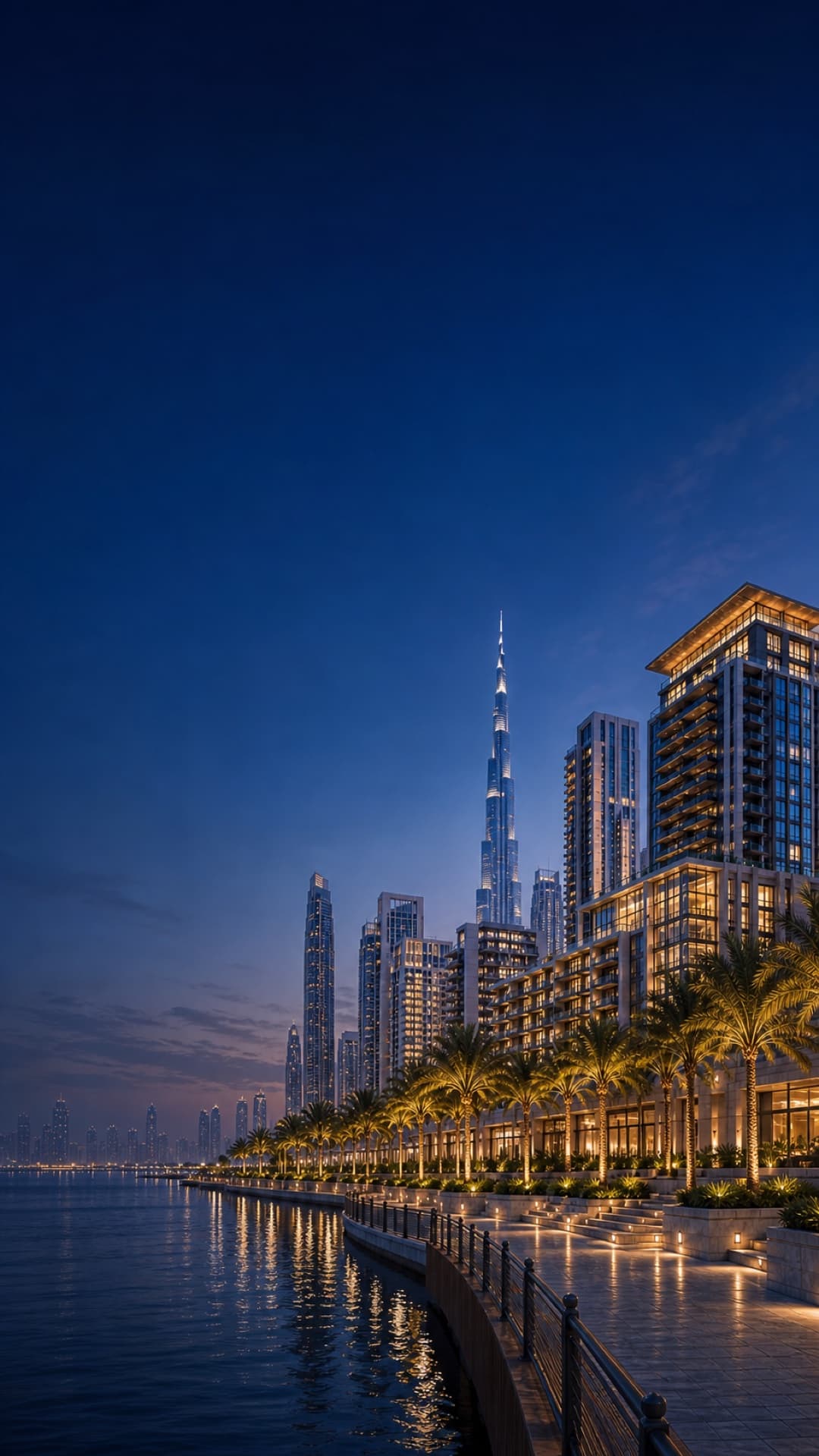 Dubai Creek Harbour residences and the Burj Khalifa skyline at blue hour
