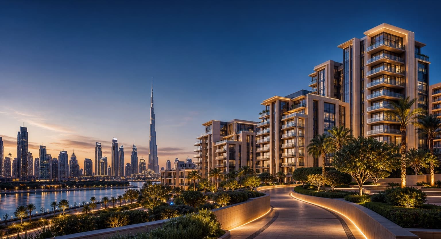 Premium Dubai waterfront residences at dusk